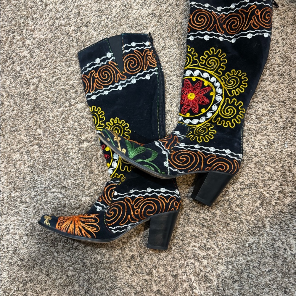Scarlett Black and Red Heeled Boots with Intricate Design
